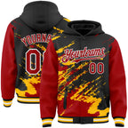 Custom Black Red Gold-White Splash Art 3D Pattern Design Bomber Full-Snap Varsity Letterman Hoodie Jacket