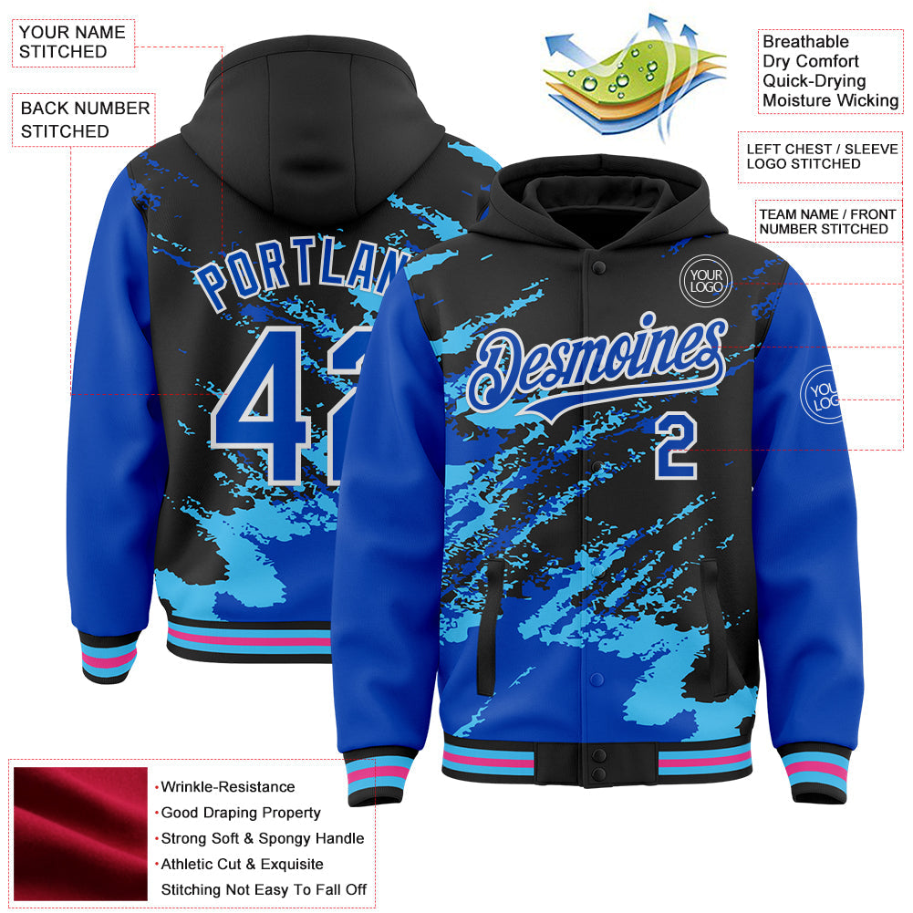 Custom Black Thunder Blue Sky Blue Pink-White Splash Art 3D Pattern Design Bomber Full-Snap Varsity Letterman Hoodie Jacket