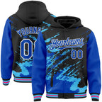 Custom Black Thunder Blue Sky Blue Pink-White Splash Art 3D Pattern Design Bomber Full-Snap Varsity Letterman Hoodie Jacket