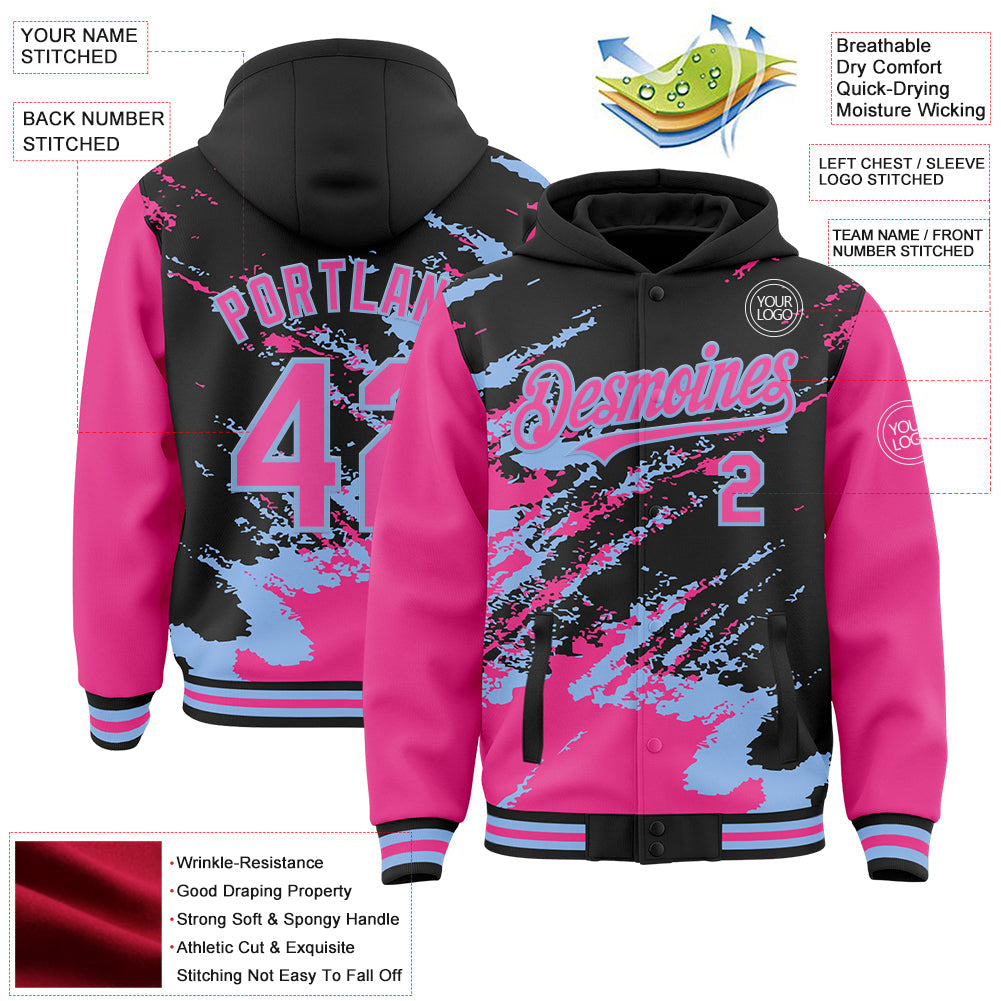 Custom Black Pink-Light Blue Splash Art 3D Pattern Design Bomber Full-Snap Varsity Letterman Hoodie Jacket