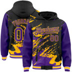 Custom Black Purple Gold-White Splash Art 3D Pattern Design Bomber Full-Snap Varsity Letterman Hoodie Jacket