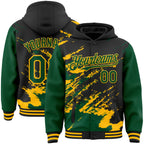Custom Black Kelly Green-Gold Splash Art 3D Pattern Design Bomber Full-Snap Varsity Letterman Hoodie Jacket