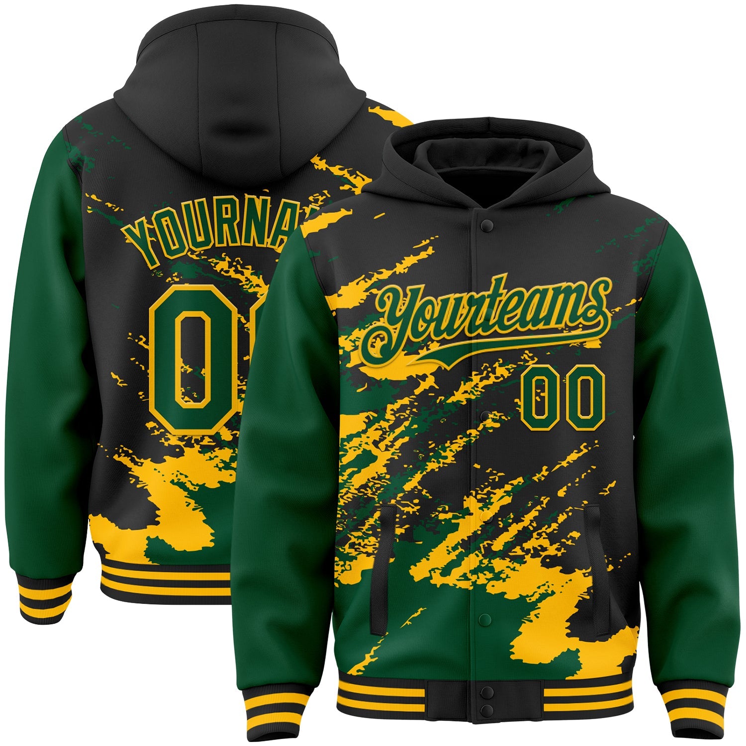 Custom Black Kelly Green-Gold Splash Art 3D Pattern Design Bomber Full-Snap Varsity Letterman Hoodie Jacket