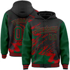 Custom Black Kelly Green-Red Splash Art 3D Pattern Design Bomber Full-Snap Varsity Letterman Hoodie Jacket