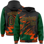 Custom Black Kelly Green-Orange Splash Art 3D Pattern Design Bomber Full-Snap Varsity Letterman Hoodie Jacket