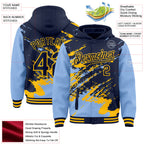 Custom Navy Light Blue-Gold Splash Art 3D Pattern Design Bomber Full-Snap Varsity Letterman Hoodie Jacket