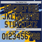 Custom Navy Light Blue-Gold Splash Art 3D Pattern Design Bomber Full-Snap Varsity Letterman Hoodie Jacket