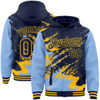 Custom Navy Light Blue-Gold Splash Art 3D Pattern Design Bomber Full-Snap Varsity Letterman Hoodie Jacket
