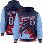 Custom Navy Light Blue Red-White Splash Art 3D Pattern Design Bomber Full-Snap Varsity Letterman Hoodie Jacket