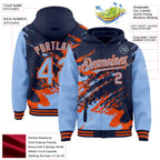 Custom Navy Light Blue-Orange Splash Art 3D Pattern Design Bomber Full-Snap Varsity Letterman Hoodie Jacket