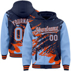 Custom Navy Light Blue-Orange Splash Art 3D Pattern Design Bomber Full-Snap Varsity Letterman Hoodie Jacket