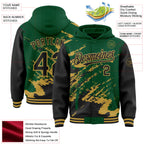 Custom Kelly Green Black-Old Gold Splash Art 3D Pattern Design Bomber Full-Snap Varsity Letterman Hoodie Jacket