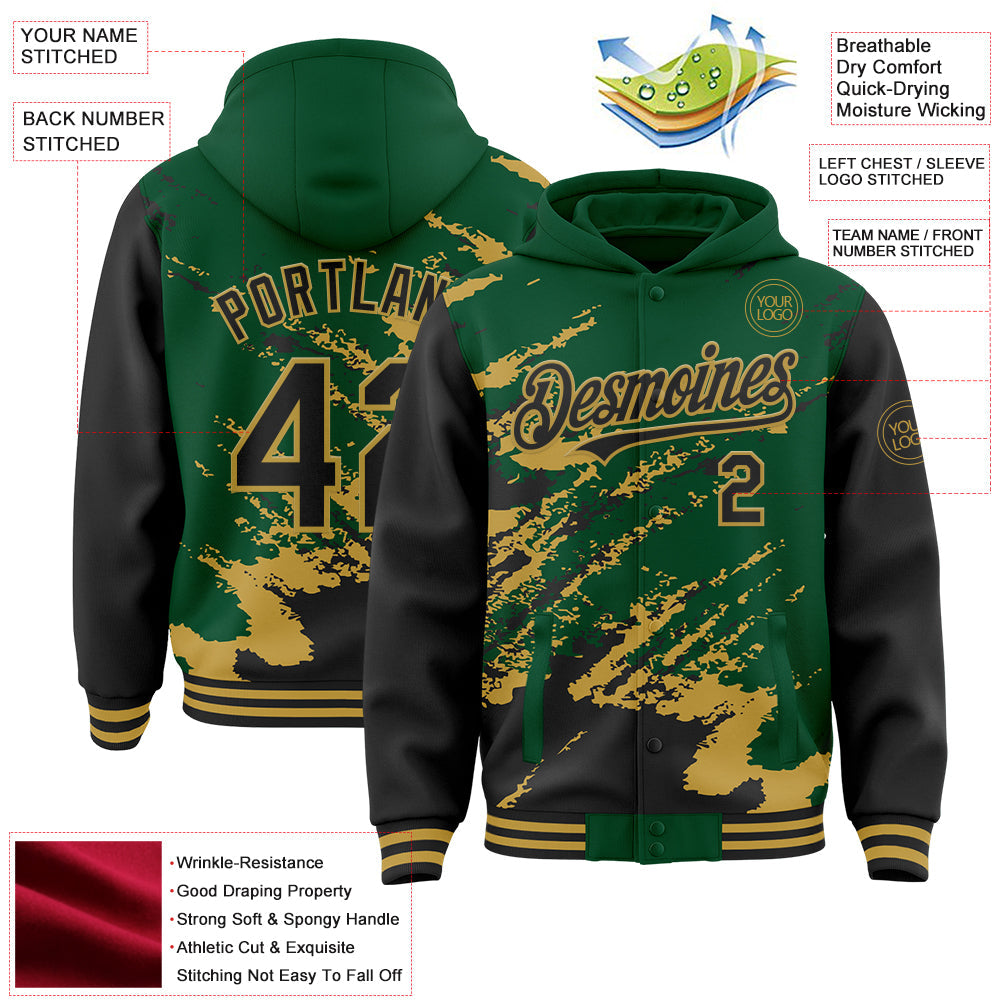Custom Kelly Green Black-Old Gold Splash Art 3D Pattern Design Bomber Full-Snap Varsity Letterman Hoodie Jacket