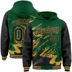 Custom Kelly Green Black-Old Gold Splash Art 3D Pattern Design Bomber Full-Snap Varsity Letterman Hoodie Jacket