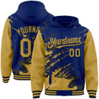 Custom Royal Old Gold-Black Splash Art 3D Pattern Design Bomber Full-Snap Varsity Letterman Hoodie Jacket