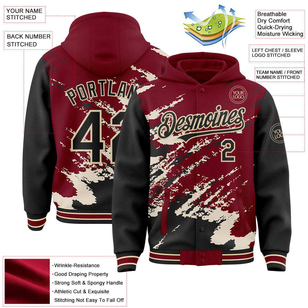 Custom Crimson Black-Cream Splash Art 3D Pattern Design Bomber Full-Snap Varsity Letterman Hoodie Jacket