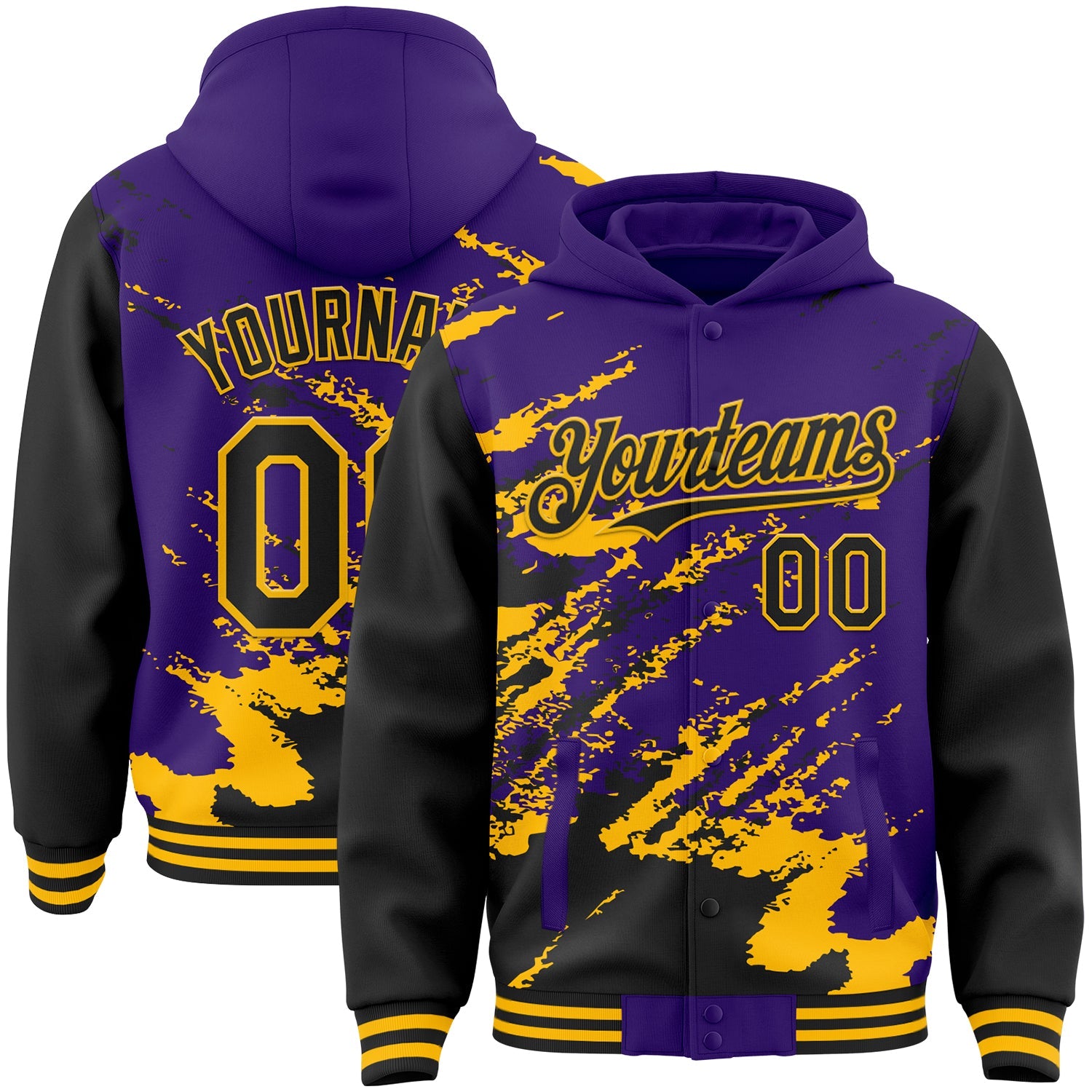 Custom Purple Black-Gold Splash Art 3D Pattern Design Bomber Full-Snap Varsity Letterman Hoodie Jacket