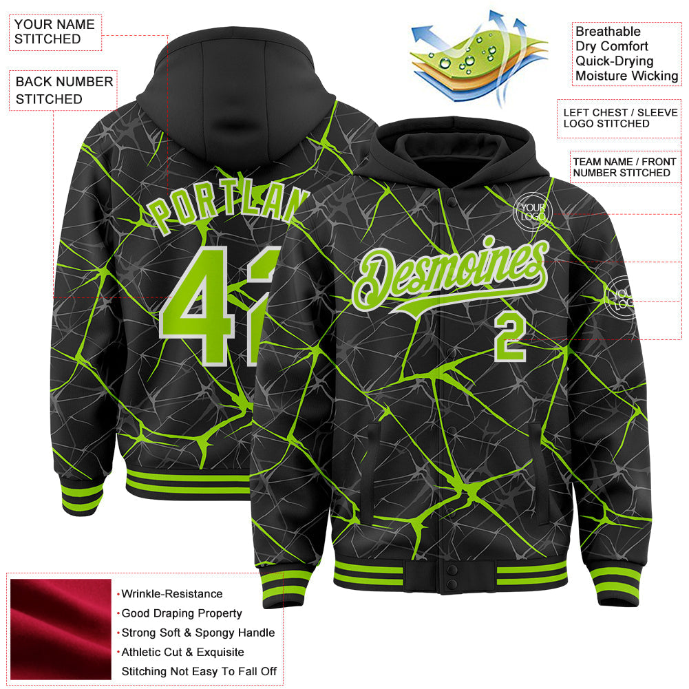 Custom Black Neon Green-White Abstract Network 3D Pattern Design Bomber Full-Snap Varsity Letterman Hoodie Jacket