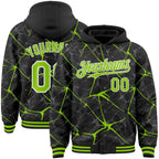 Custom Black Neon Green-White Abstract Network 3D Pattern Design Bomber Full-Snap Varsity Letterman Hoodie Jacket