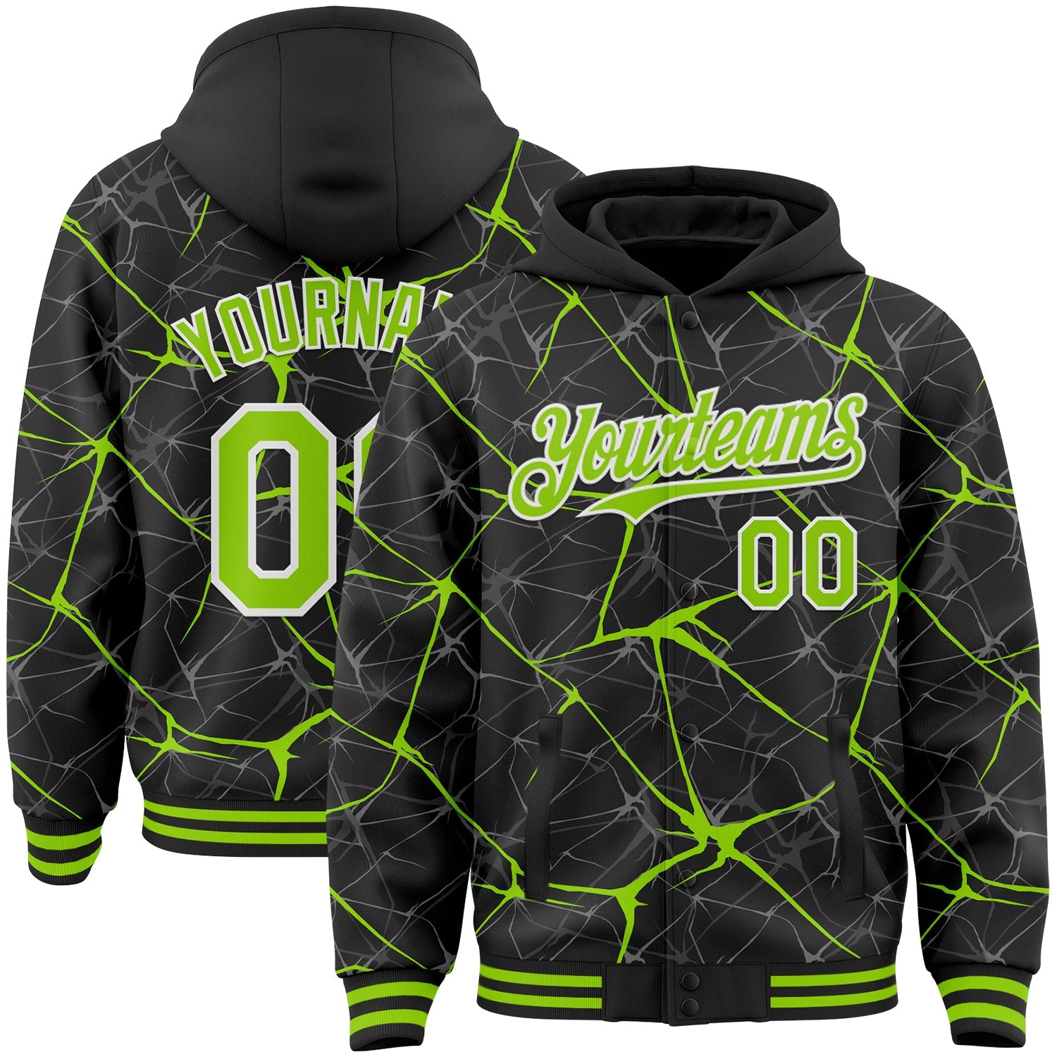 Custom Black Neon Green-White Abstract Network 3D Pattern Design Bomber Full-Snap Varsity Letterman Hoodie Jacket