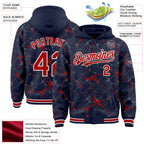 Custom Navy Red-White Abstract Network 3D Pattern Design Bomber Full-Snap Varsity Letterman Hoodie Jacket