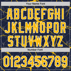 Custom Navy Gold-White Abstract Network 3D Pattern Design Bomber Full-Snap Varsity Letterman Hoodie Jacket