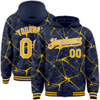 Custom Navy Gold-White Abstract Network 3D Pattern Design Bomber Full-Snap Varsity Letterman Hoodie Jacket