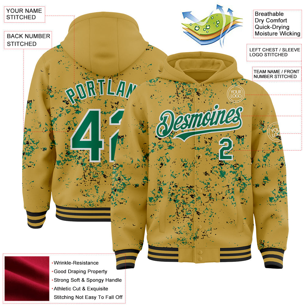 Custom Old Gold Kelly Green Black-White Fragment 3D Pattern Design Bomber Full-Snap Varsity Letterman Hoodie Jacket