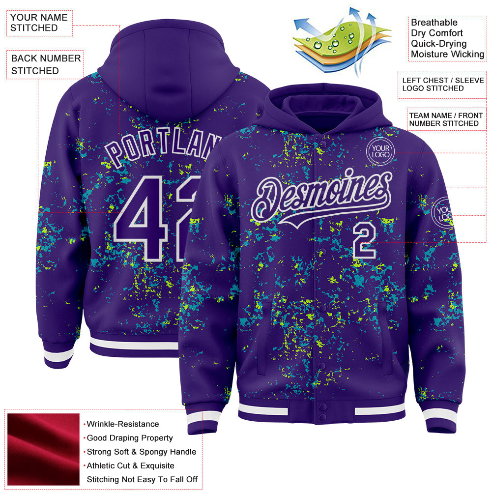 Custom Purple Teal Neon Green-White Fragment 3D Pattern Design Bomber Full-Snap Varsity Letterman Hoodie Jacket