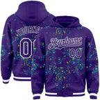 Custom Purple Teal Neon Green-White Fragment 3D Pattern Design Bomber Full-Snap Varsity Letterman Hoodie Jacket