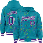 Custom Teal Purple Neon Green-White Fragment 3D Pattern Design Bomber Full-Snap Varsity Letterman Hoodie Jacket