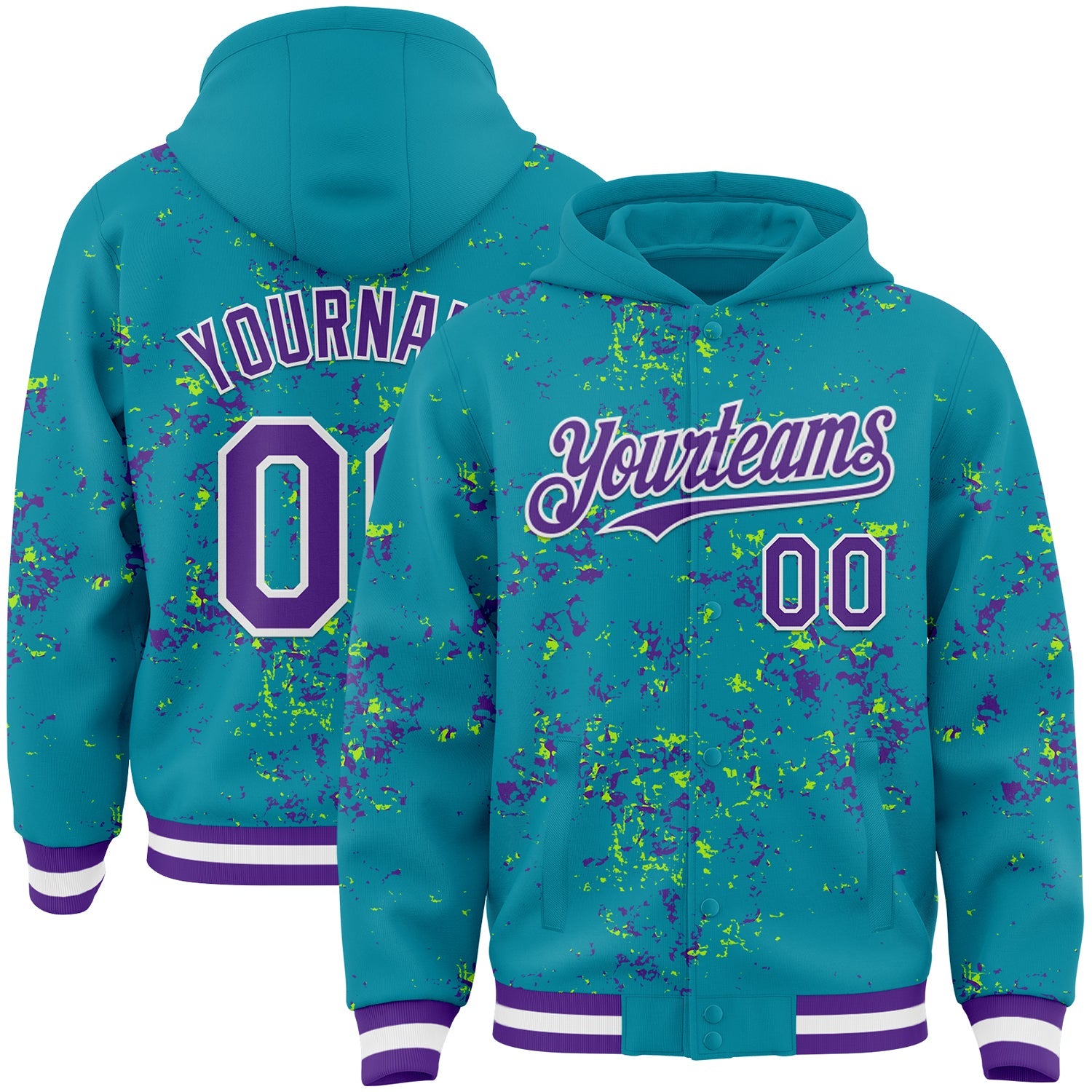 Custom Teal Purple Neon Green-White Fragment 3D Pattern Design Bomber Full-Snap Varsity Letterman Hoodie Jacket