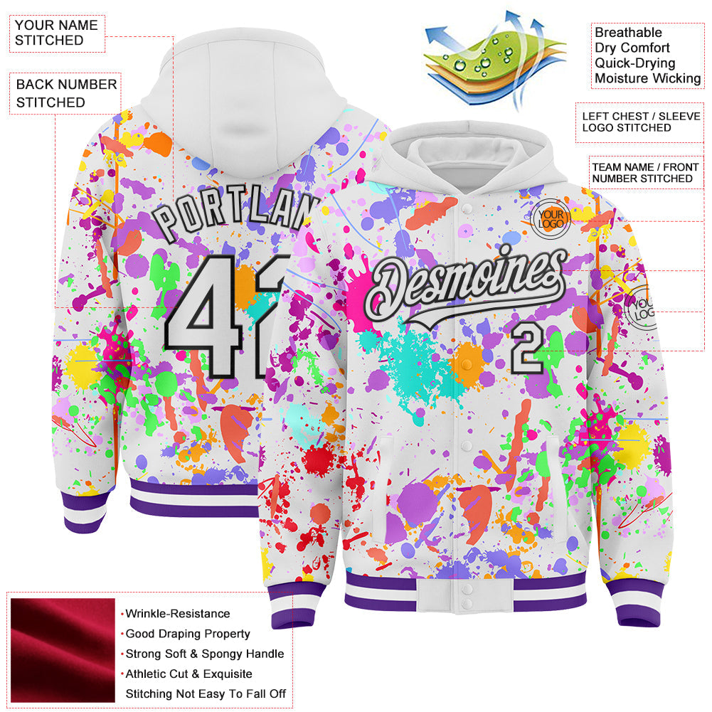 Custom Graffiti Pattern White Purple-Black Splash Bomber Full-Snap Varsity Letterman Hoodie Jacket
