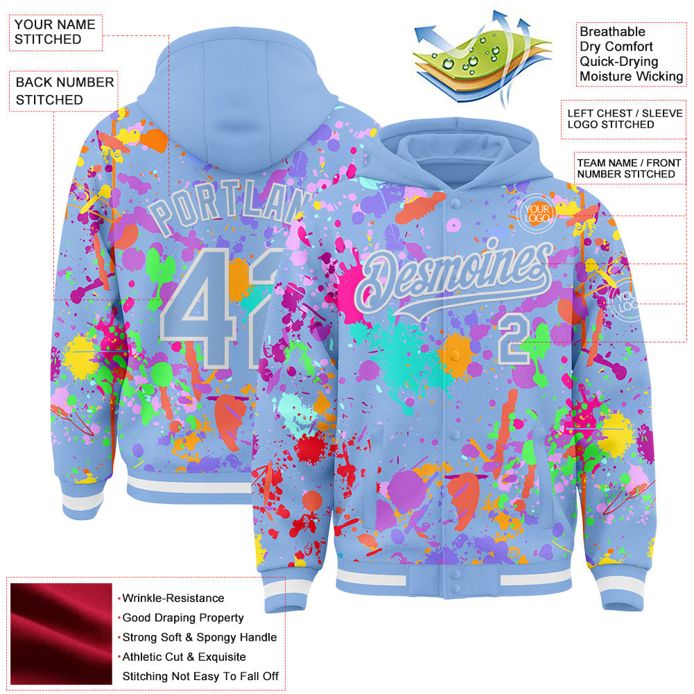 Custom Graffiti Pattern Light Blue-White Splash Bomber Full-Snap Varsity Letterman Hoodie Jacket