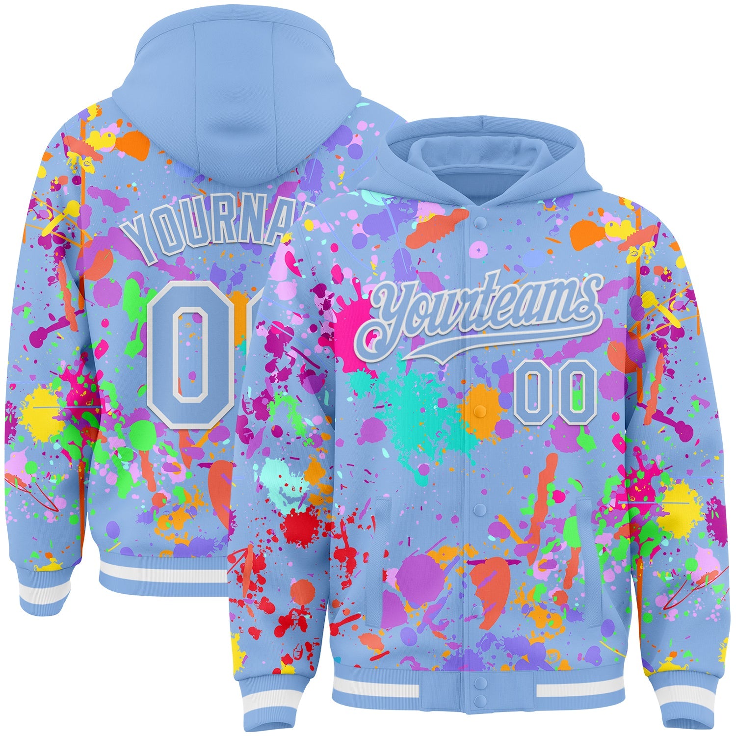 Custom Graffiti Pattern Light Blue-White Splash Bomber Full-Snap Varsity Letterman Hoodie Jacket