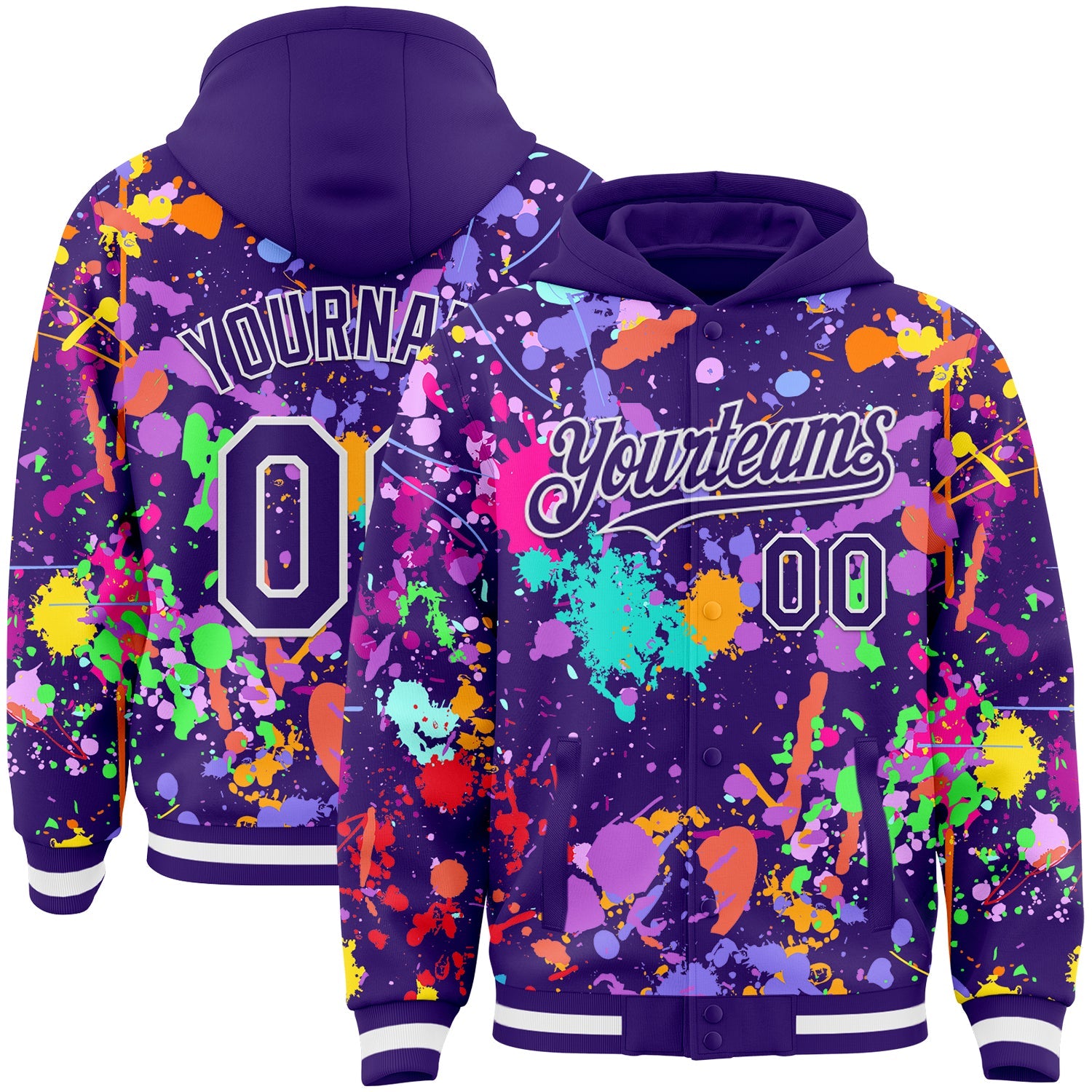 Custom Graffiti Pattern Purple-White Splash Bomber Full-Snap Varsity Letterman Hoodie Jacket