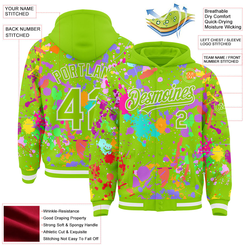 Custom Graffiti Pattern Neon Green-White Splash Bomber Full-Snap Varsity Letterman Hoodie Jacket