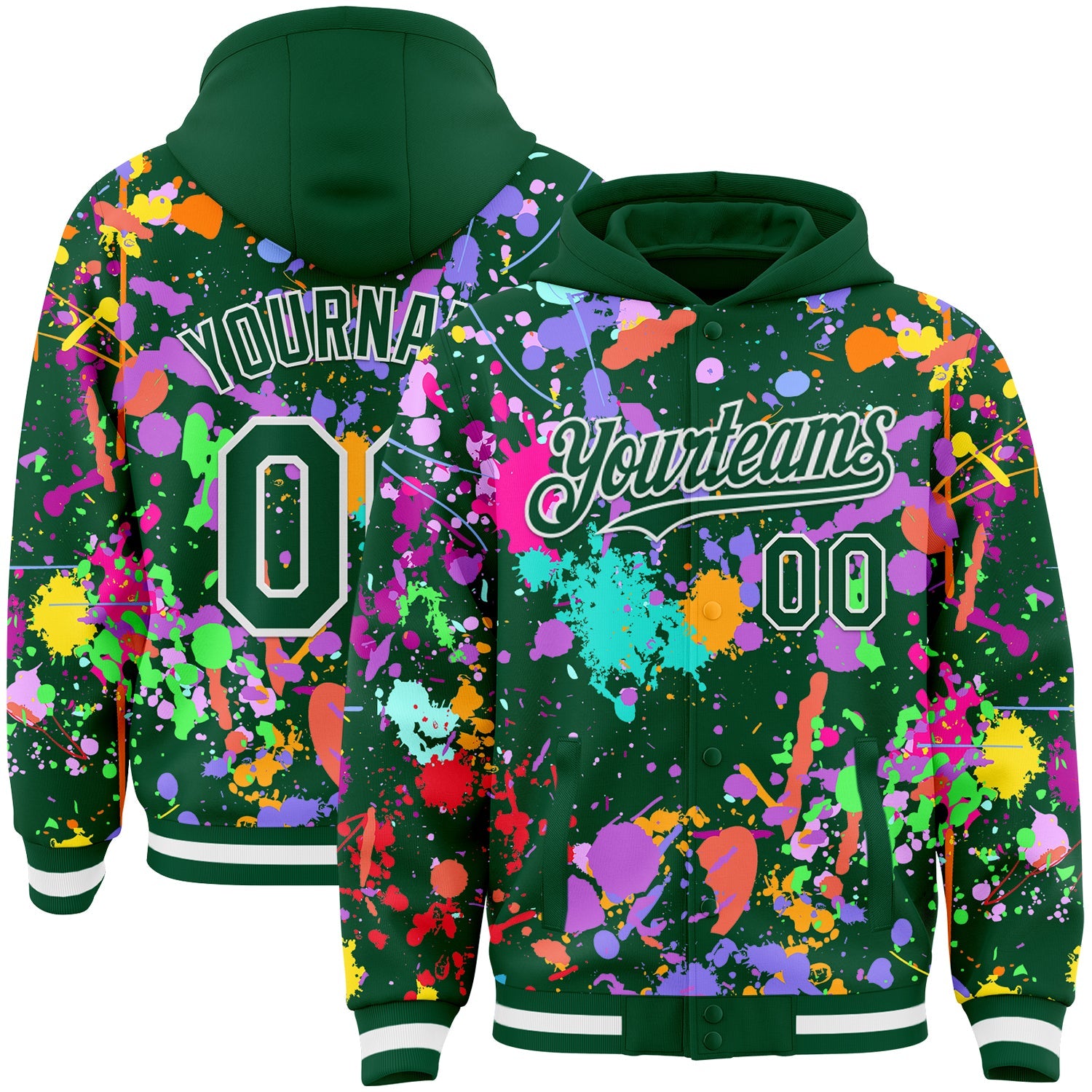 Custom Graffiti Pattern Kelly Green-White Splash Bomber Full-Snap Varsity Letterman Hoodie Jacket
