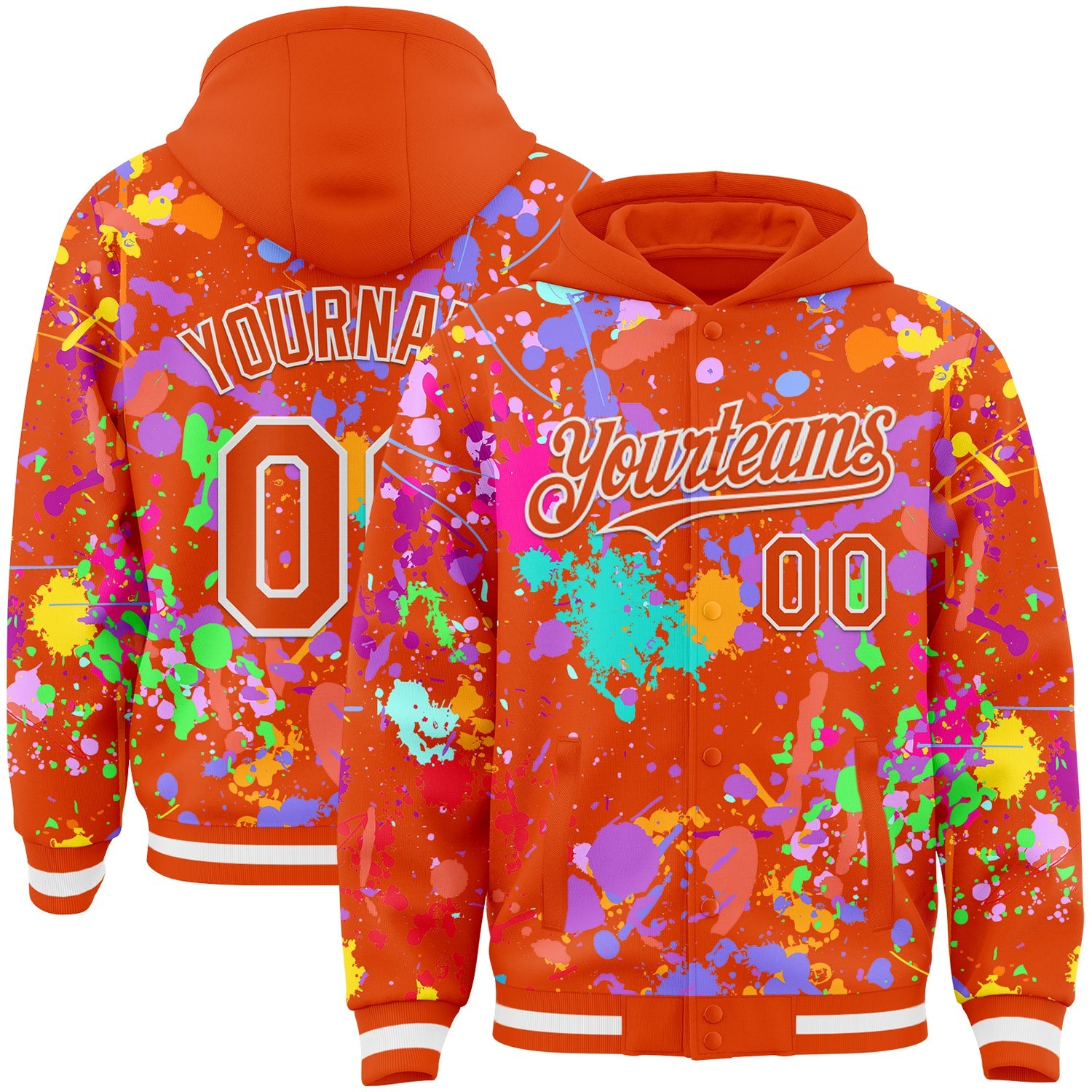 Custom Graffiti Pattern Orange-White Splash Bomber Full-Snap Varsity Letterman Hoodie Jacket