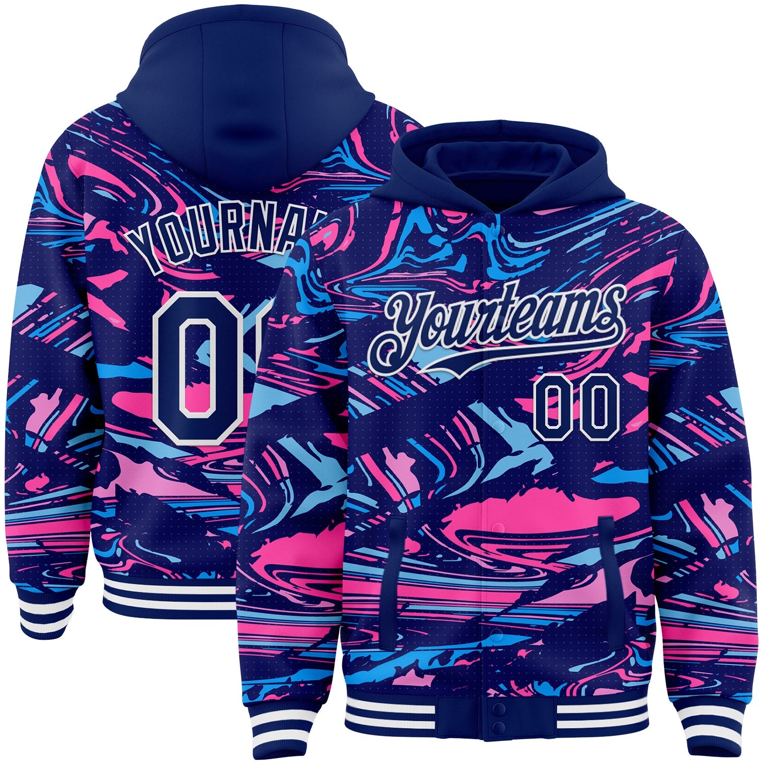 Custom Figure Royal Pink Light Blue-White Fluid Bomber Full-Snap Varsity Letterman Hoodie Jacket