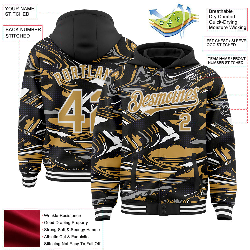 Custom Figure Old Gold Black-White Fluid Bomber Full-Snap Varsity Letterman Hoodie Jacket