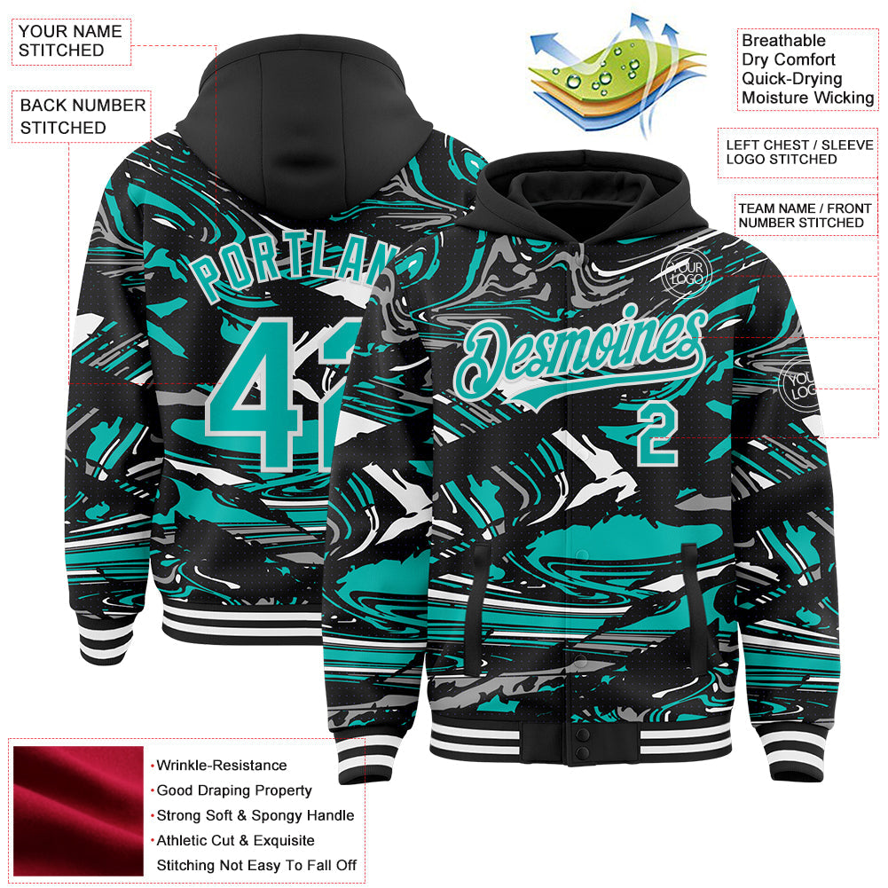 Custom Figure Aqua Black-White Fluid Bomber Full-Snap Varsity Letterman Hoodie Jacket