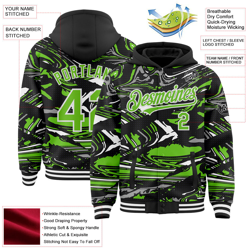 Custom Figure Aurora Green Black-White Fluid Bomber Full-Snap Varsity Letterman Hoodie Jacket