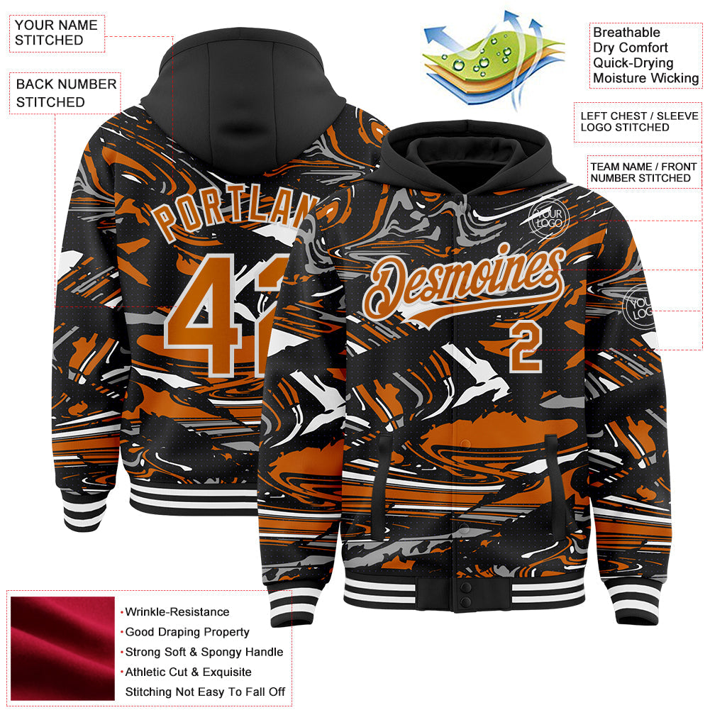 Custom Figure Texas Orange Black-White Fluid Bomber Full-Snap Varsity Letterman Hoodie Jacket