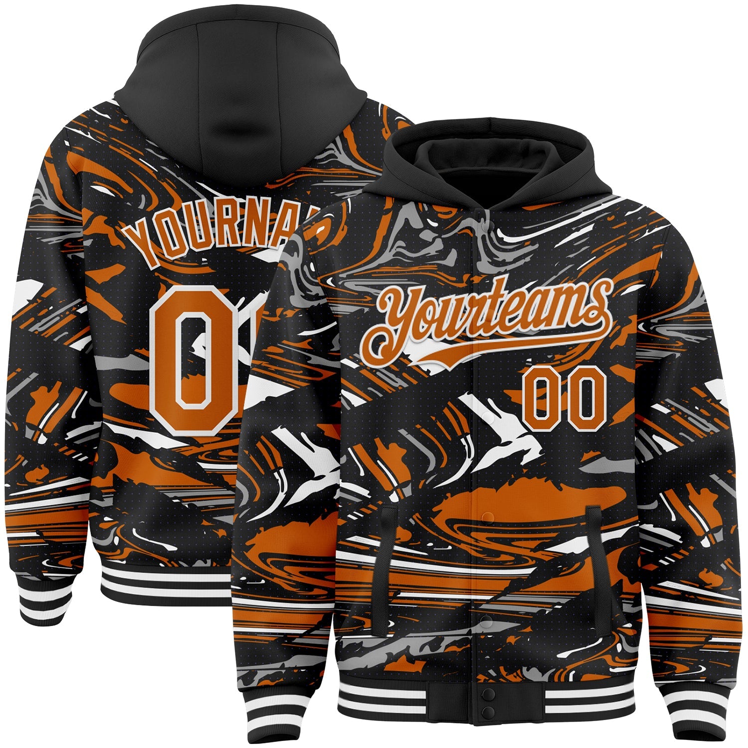 Custom Figure Texas Orange Black-White Fluid Bomber Full-Snap Varsity Letterman Hoodie Jacket