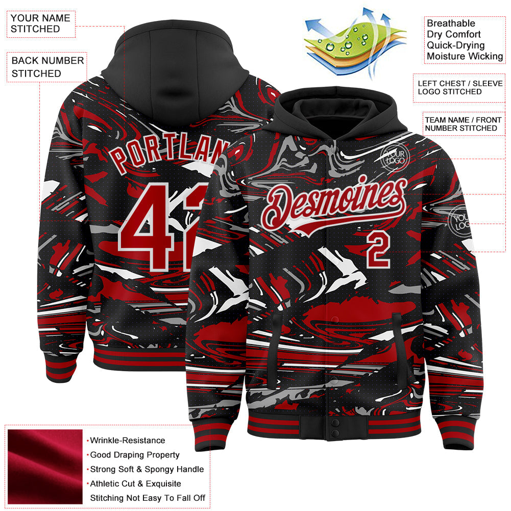 Custom Figure Red Black-White Fluid Bomber Full-Snap Varsity Letterman Hoodie Jacket
