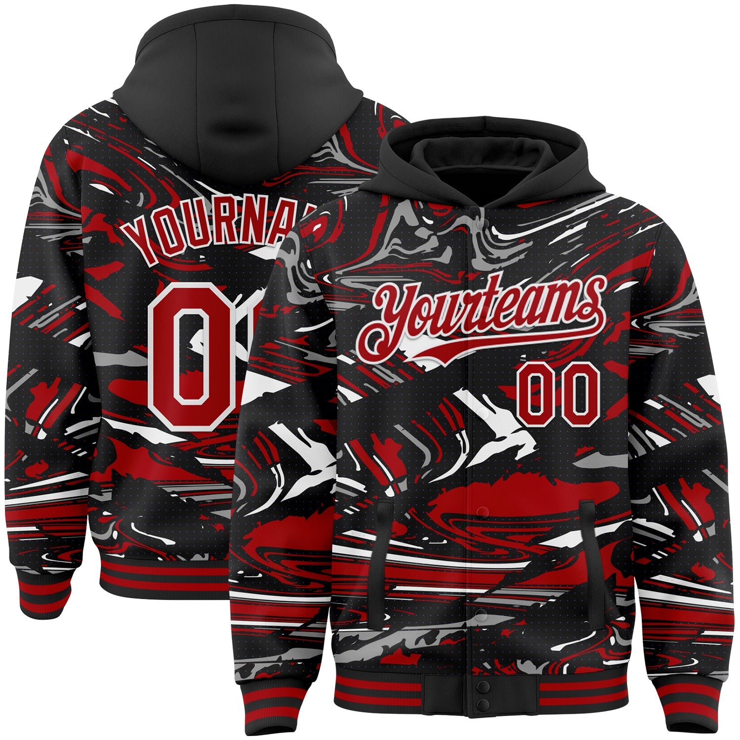 Custom Figure Red Black-White Fluid Bomber Full-Snap Varsity Letterman Hoodie Jacket