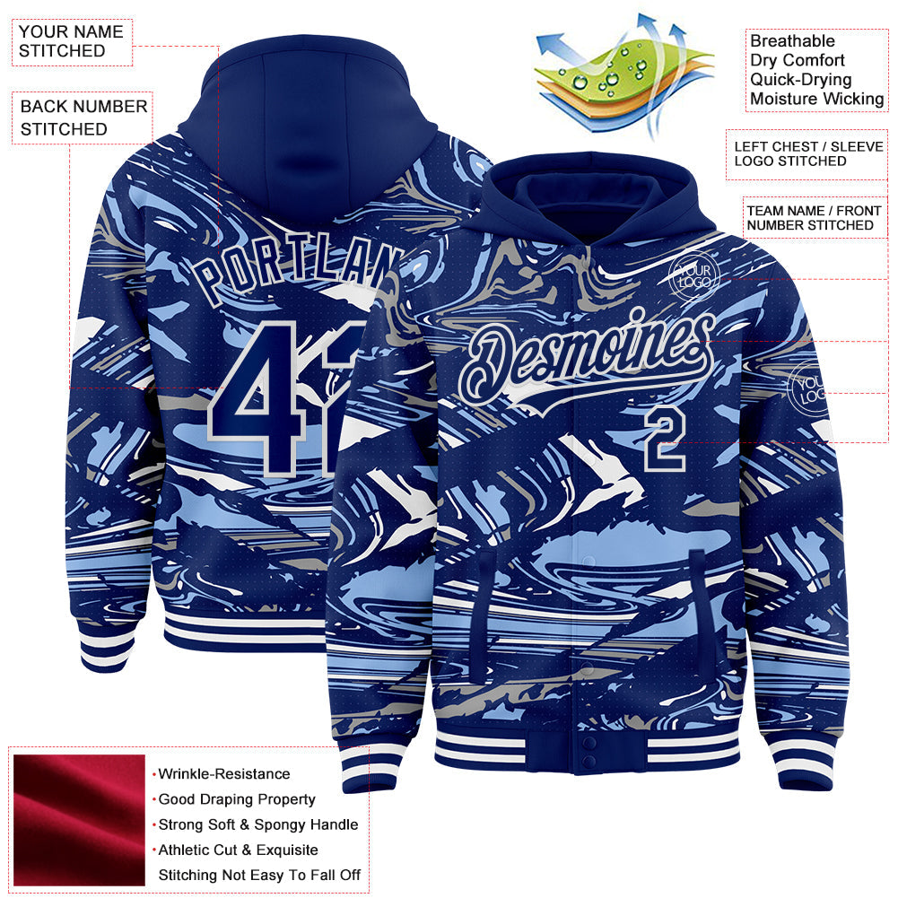 Custom Figure Royal Light Blue-White Fluid Bomber Full-Snap Varsity Letterman Hoodie Jacket