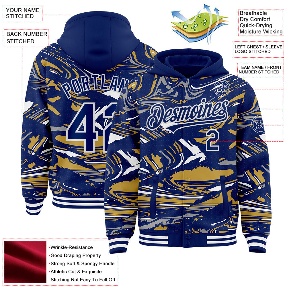 Custom Figure Royal Old Gold-White Fluid Bomber Full-Snap Varsity Letterman Hoodie Jacket