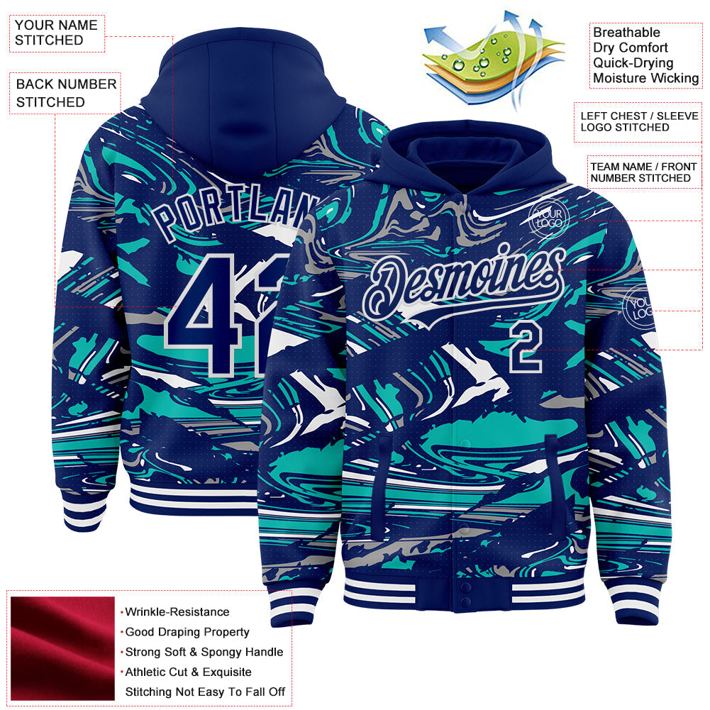 Custom Figure Royal Aqua-White Fluid Bomber Full-Snap Varsity Letterman Hoodie Jacket
